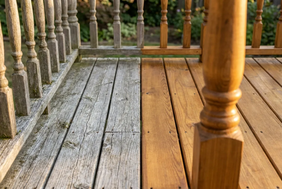 Illustrative image: Cedar deck boards and balusters, half weathered grey and half freshly stained