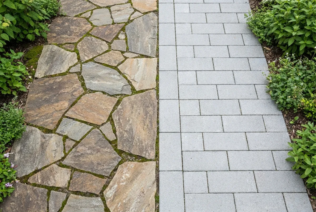 Illustrative image: Flagstone beside concrete pavers