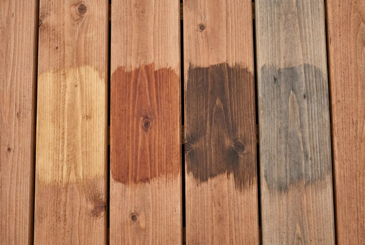 Illustrative image: Deck stain color samples brushed onto bare cedar
