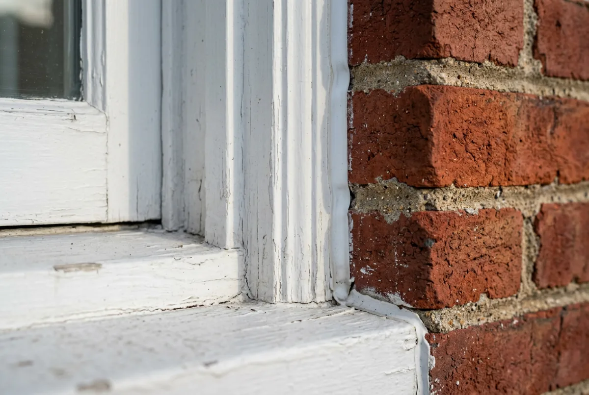 Illustrative image: Painted wood trim detail beside brick